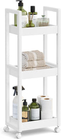 SONGMICS Bamboo Rolling Cart, 3-Tier Utility Cart on Wheels, Slim Narrow Storage Shelf, Bamboo Shelves, Space-Saving, Multifunctional, for Bathroom, Kitchen, White UBCB083W01