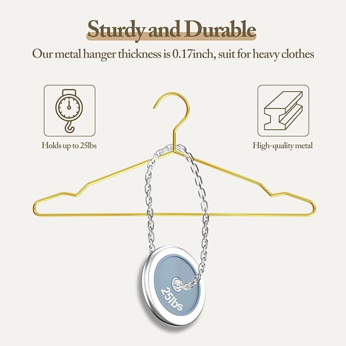 Metal Wire Clothes Hangers Bulk 30 Pack with Notches for Standard Size Coats, Shirts, Suits, Camisole, Dresses, Sturdy, Heavy-Duty, Space-Saving, Gold