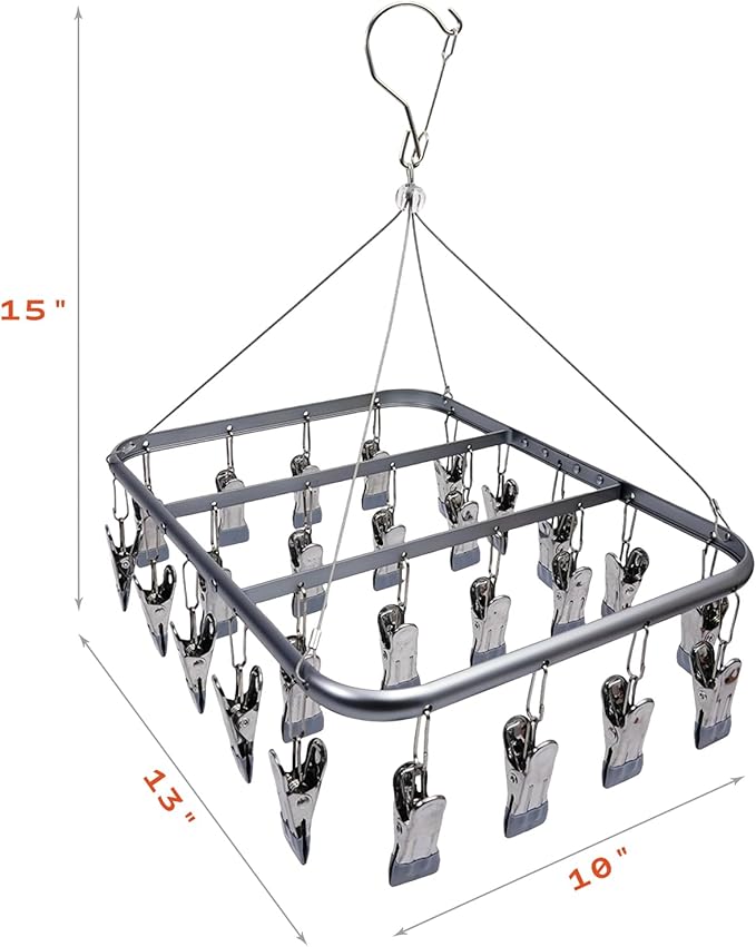 Aluminum Alloy Clothes Drying Hanger with 26 Clips, for Drying Socks, Baby Clothes, Bras, Towel, Underwear, Hat, Scarf,Gloves and Small Items，Matte Grey