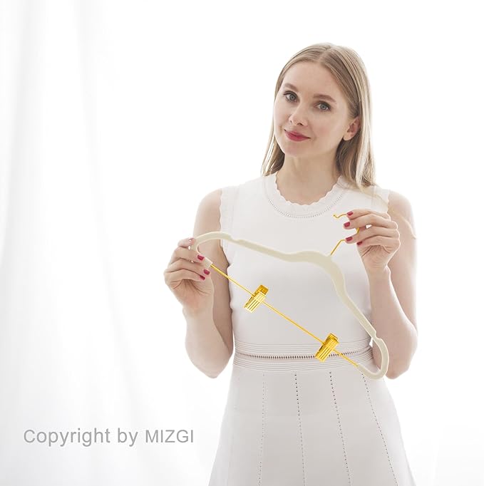 MIZGI Premium Velvet Pants Hangers with Adjustable Clips (Pack of 20) - Slim Skirt Hangers - Non Slip Felt - Ivory/Gold