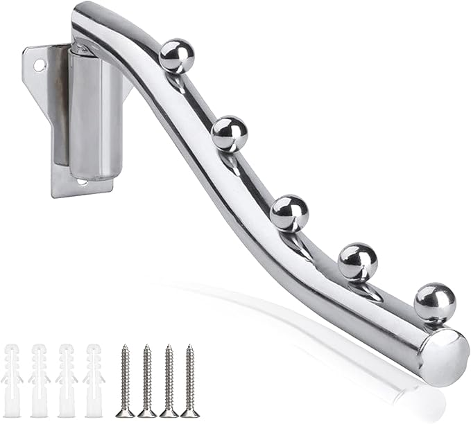 Folding Wall Mounted Clothes Drying Rack, Stainless Steel Wall Mount Garment Hook with Swing Arm Space Saver Cloth Hanging System Closet Storage Organizer Coat Hanger for Bathroom Bedroom Laundry Room
