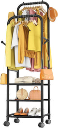 Furologee Rolling Clothing Racks for Hanging Clothes, Double Rods Clothes Rack With Wheels, Sturdy Coat Racks,Portable Metal Garment Rack for Bedroom Laundry Living Room, Black