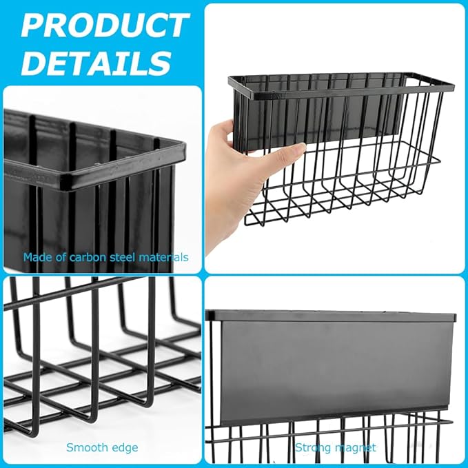 Magnetic Metal Basket Organizer for Fridge & Locker, Storage Basket for Foil/Plastic Wrap/Spice/Dryer Ball, Space-Saving Kitchen & Laundry Solution (Black, S)