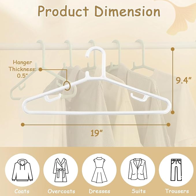 Urby Extra Wide Hangers for Plus Size Clothes, 19 Inch Plus Size Hangers, Durable Space-Saving Plastic Hanger for Oversized or XL, XXL Shirts, Coats, Etc. White 20PK