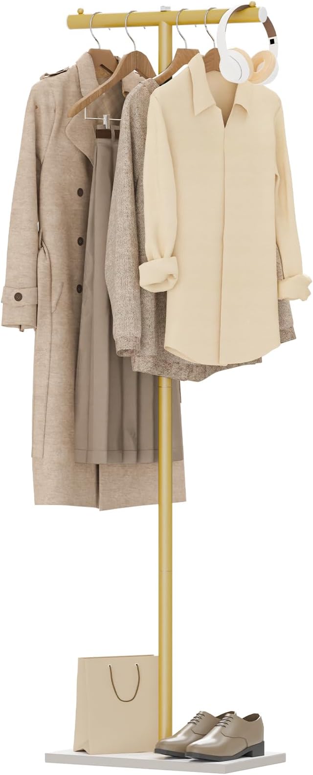 T-shaped Coat Rack Freestanding, Modern Clothes Rack with Rock Slab Base, Heavy-duty Metal Coat Tree for Boutiques, Hallway, Entryway, 68.9 Inches High, Golden Yellow, GYJ001WJ