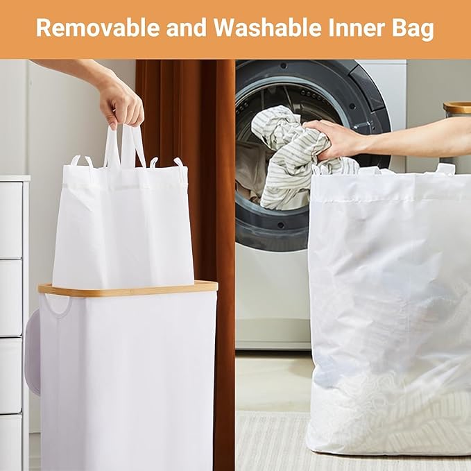 Slim Laundry Hamper with Lid by Fiona's magic, 63L Narrow Laundry Basket with Removable Bag, White Collapsible Dirty Clothes Basket, Thin Tall Storage Basket for Bathroom, Bedroom (White, 2Pack)