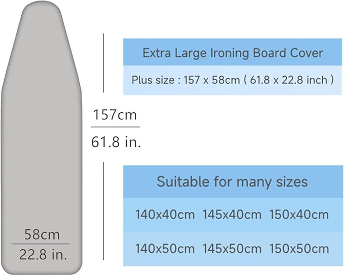 Extra Large Replacement Ironing Board Cover, 61.8x22.8 Inches, Drawstring Design for Easy Adjustment and Installation, Heavily Padded Ironing Board Cover with Scorch Resistant Pads