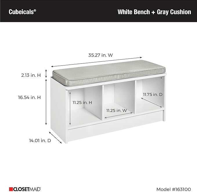 ClosetMaid 1631 Cubeicals 3-Cube Storage Bench, White with Gray Cushion