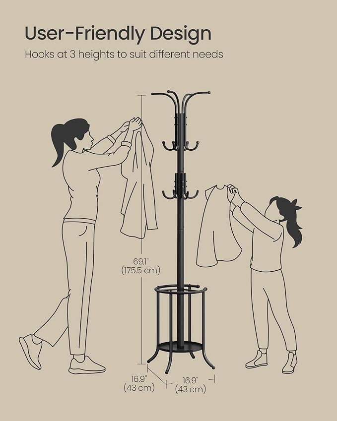 SONGMICS Coat Rack Freestanding, Coat Rack with Umbrella Holder with 12 Hooks, for Entryway, Hallway, Living Room, Bedroom, Ink Black URCR011B01