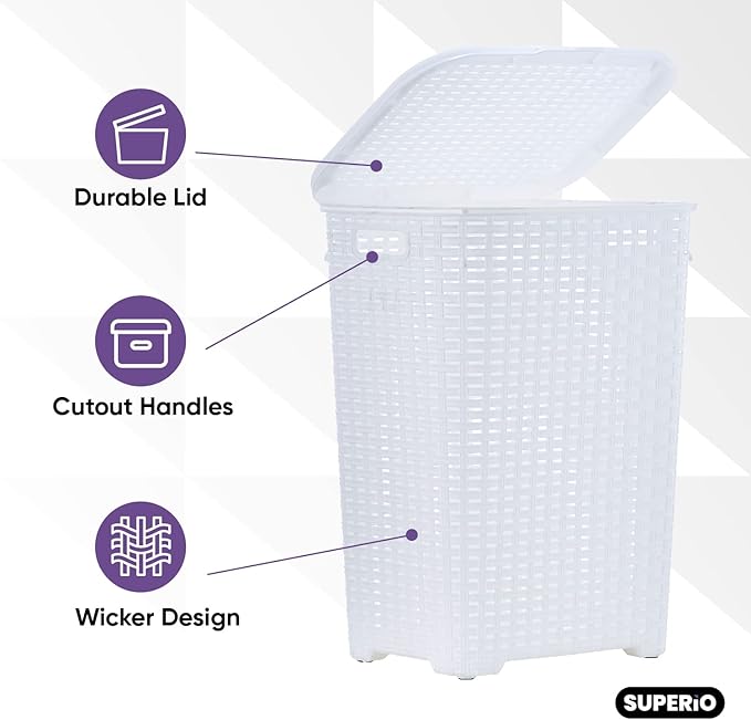 Superio Laundry Hamper with Lid 60 Liter White (2 Pack) Plastic Wicker Large Hampers Basket with Cutout Handles, Deluxe Bin to Storage Dirty Cloths in Washroom Bathroom