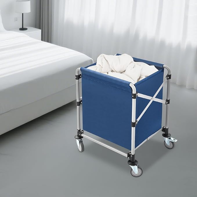 Commercial Laundry Cart, Laundry Basket with 360° Swivel Casters, Folding Laundry Cart Hamper on Wheels Heavy Duty Steel Frame 220 lbs Capacity Large Rolling Laundry Baskets Trucks (Blue)