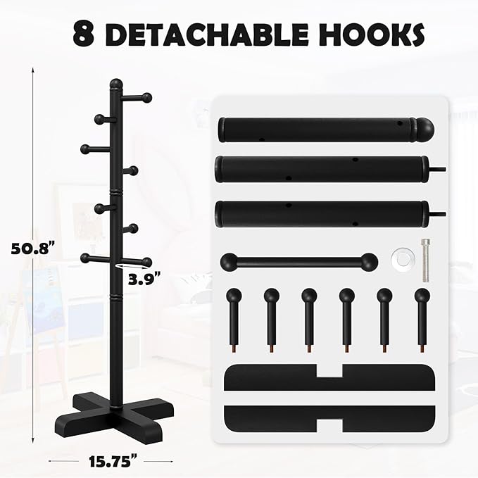 Coat Rack, Freestanding Coat Racks with 8 Hooks 2 Adjustable Height, Tree Coat Rack for Bedroom, Hallway, Entrance, Office, Hats, Handbags,Purse (BLACK)