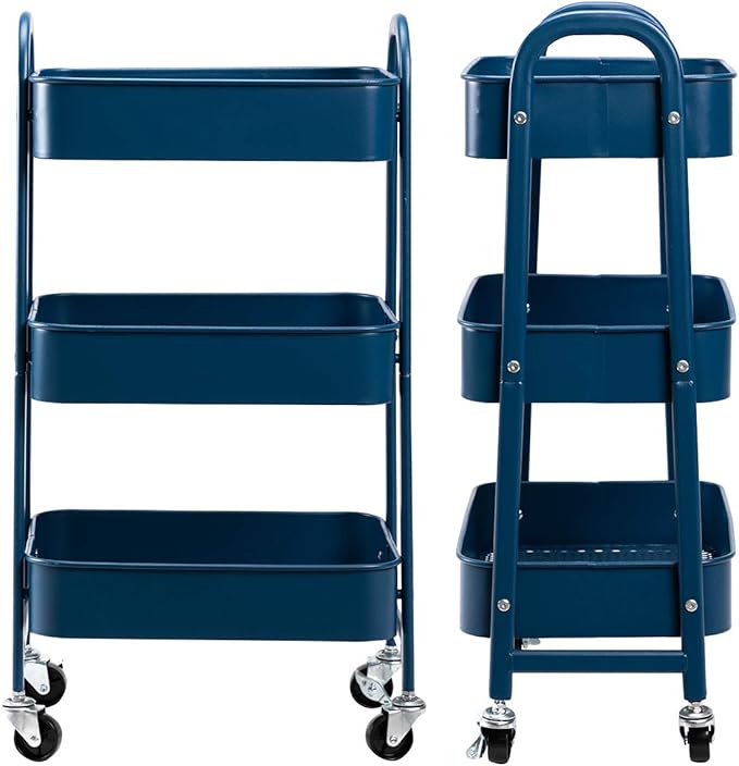 AGTEK 3 Tier Utility Rolling Cart with Lockable Wheels, Metal Multifunctional Storage, Organizer Cart for Kitchen, Office, Living Room, Makeup, Craft, Art Studio,Navy Blue