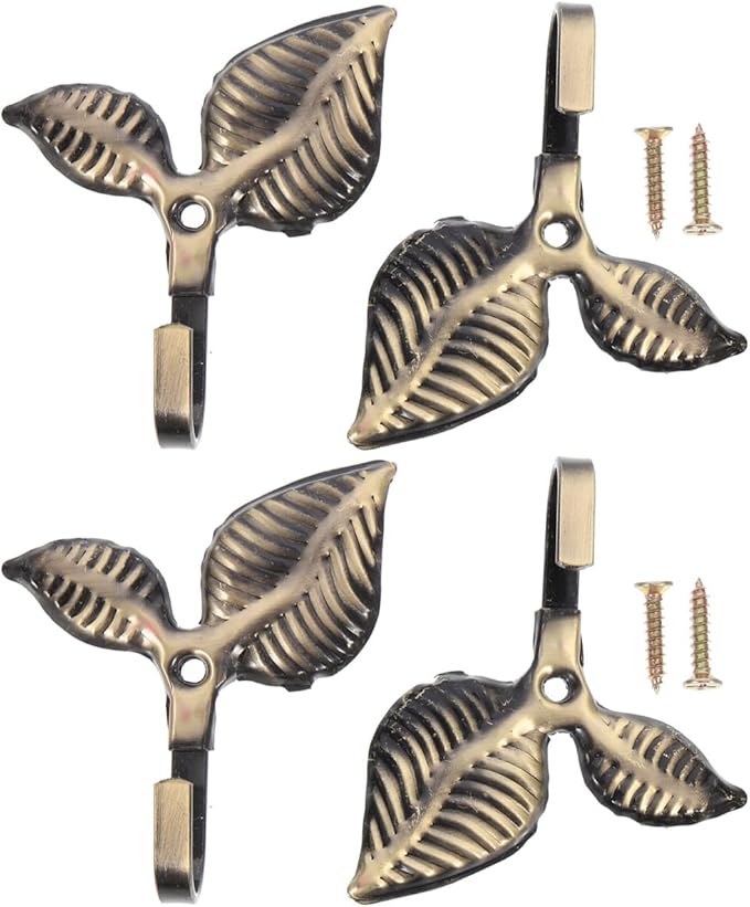 Leaf Shaped Wall Hooks Set of 4 Small Decorative Iron Coat Hooks for Bedroom Bathroom Kitchen Storage Vintage Style Clothes Hooks 3.07X2.75 Inches