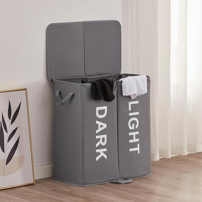Lifewit 136L Double Laundry Hamper with Lid and Removable Laundry Bags, Large Divided Hamper, Collapsible 2 Section Laundry Basket with Handles for Bedroom, Bathroom, College Dorm, Laundry Room, Grey