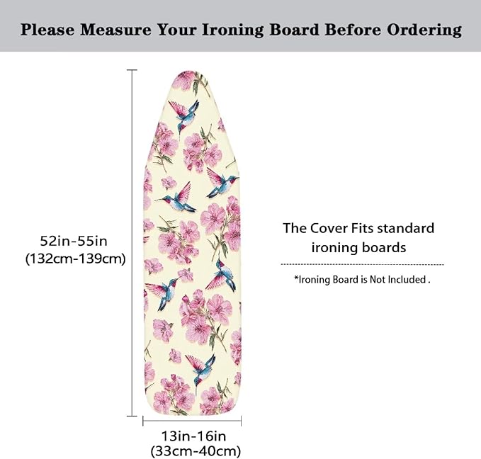 Hummingbird Iron Board Cover with Padding 15x54 Inch Standard Size Ironing Board Cover Stain Resistant Hook and Loop Fasteners (Cherry Blossom Print)