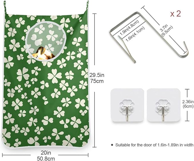 St. Patrick's Day Clovers Green Door Hanging Laundry Hamper Bag with Free Adjustable Stainless Steel Hooks Dirty Clothes Hamper Extra Large Over the Door Laundry Hamper 29.5X20inch 1 PCS