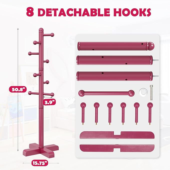 Coat Rack, Freestanding Coat Racks with 8 Hooks 2 Adjustable Height, Tree Coat Rack for Bedroom, Hallway, Entrance, Office, Hats, Handbags,Purse (Dark-Rose)