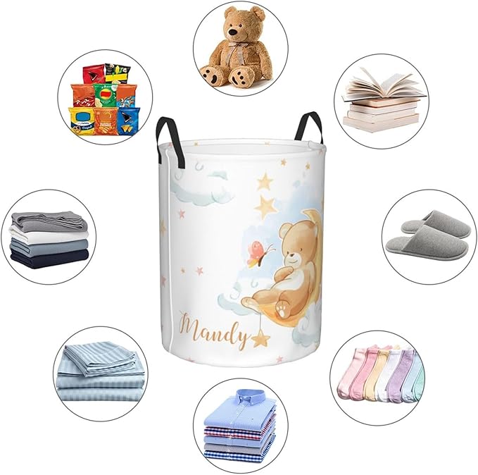 Personalized Laundry Basket for Nursery, Custom Nursery Laundry Hamper with Name, Customize Baby Clothes Circular Hamper for Boys Girls Room Decor, Bear