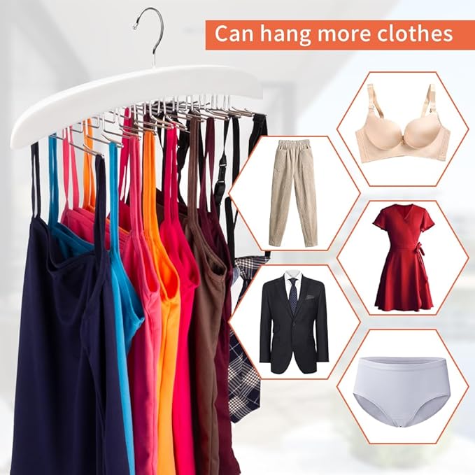 3 Pack Tank Top & Bra Hanger, Tie & Belt Hanger with Natural Wood, 24 Space Saving, 360 Rotating, Foldable Metal Hooks, Closet Organizer and Storage Rack for Tank Tops/Bras/Ties/Belt (White)