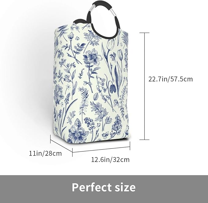 Blue Floral Laundry Basket Flowers Foldable Laundry Hamper Vintage Collapsible Laundry Baskets with Handles Clothes Hamper Laundry Tote Bag for Dorm Family Storage Bin 50L