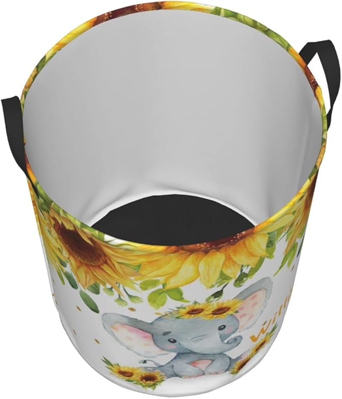 Cute Elephant Sunflowers Personalized Laundry Hamper Custom with Name Collapsible Waterproof Storage Basket with Handles for Bedroom Clothes Toys.