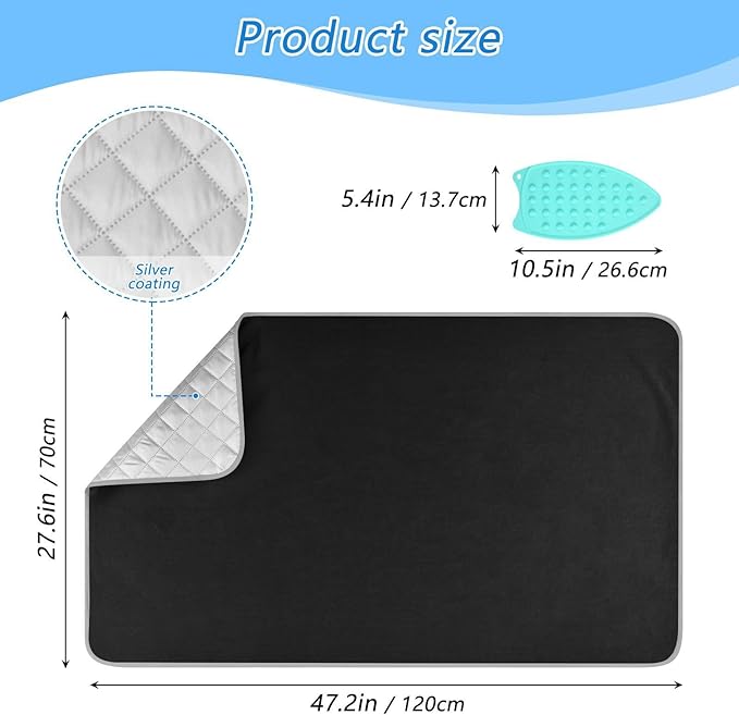 YETTASBIN Black Solid Color Ironing Mat with Silicone Iron Rest Pad, Portable Travel Ironing Blanket Heat Resistant Ironing Board Cover for Washer Dryer Table Top, 47.2 x 27.6 Inch