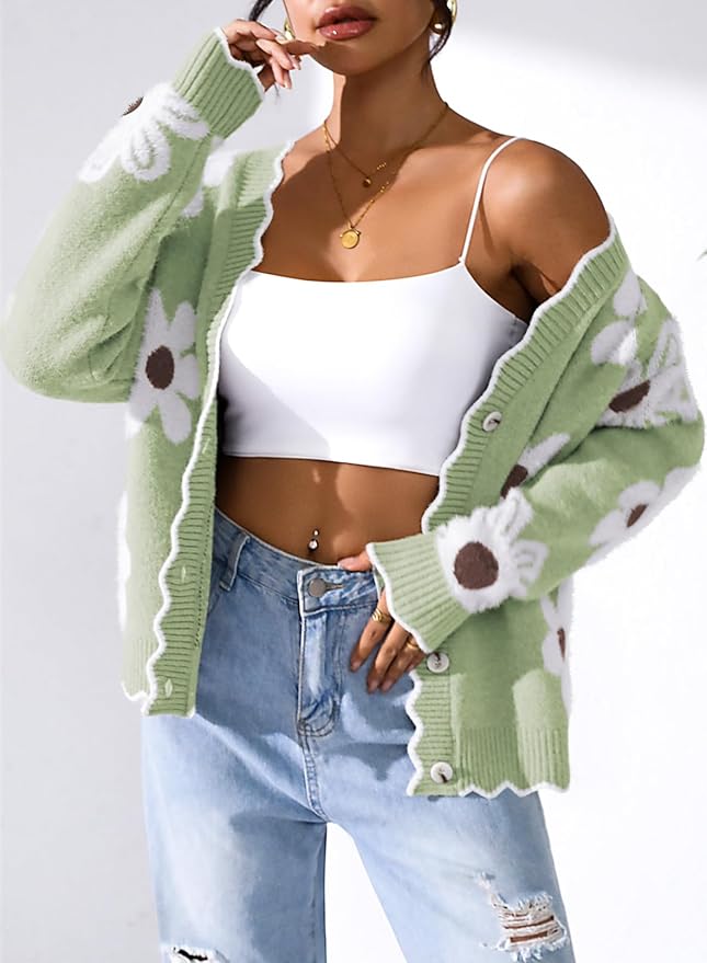 Pink Queen Fuzzy Sweater Cardigan for Women 2025 Fashion Long Sleeve Flower Outerwear Button Down Open Front Cardigan Coat
