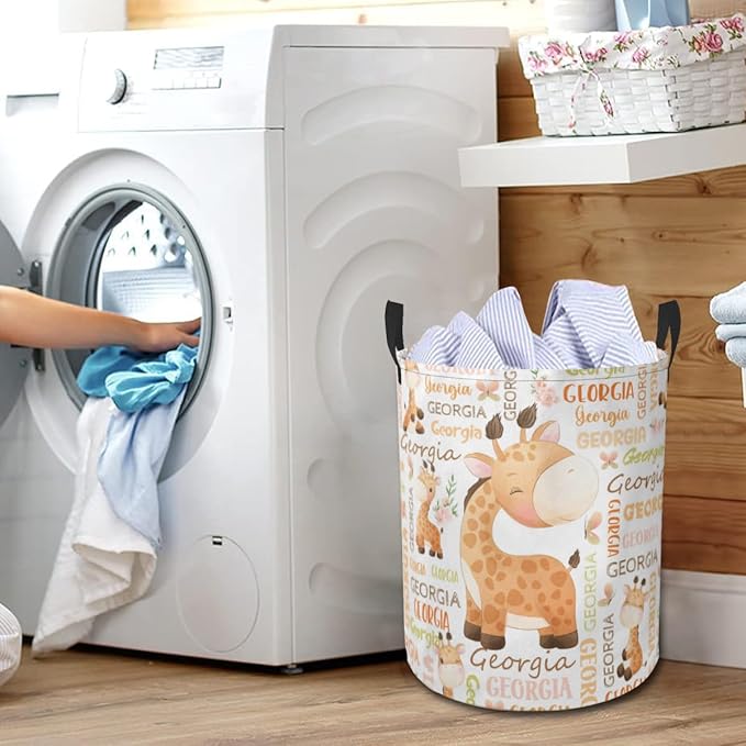 Giraffe Laundry Basket,Personalized Laundry Hamper for Boys Girls,Custom Laundry Basket With Name, Customized Dirty Clothes Hamper for Bathroom Bedrooms,S-16.5"X 13.8"