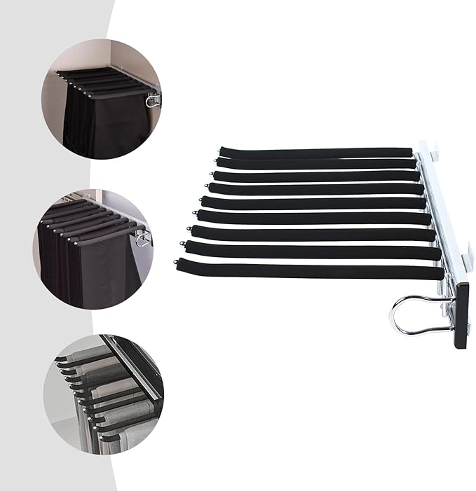 9 Arms Steel Slide Out Pants Rack Closet Pants Hanger Bar Pull Out Trousers Rack Tie Belts Scarf Racks, Wardrobe Clothes Organizers Rail Pull Out Closet Storage Rod-(Right Side Mounts)