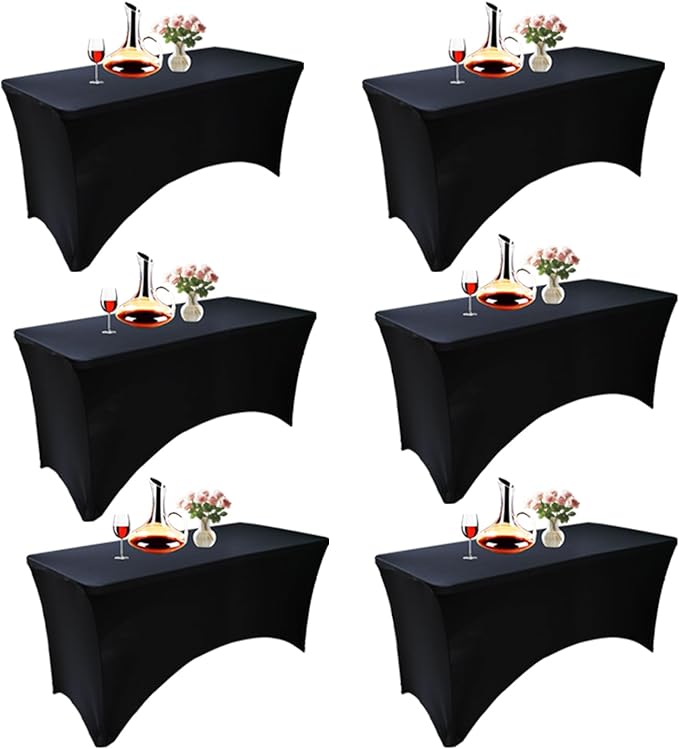 6 Pack - Elegant Black Stretch Spandex Table Cover (48Lx24Wx30H Inches), Non-Iron Fitted Tablecloth for 4-Foot Rectangular Folding Tables -Ideal for Banquets, Weddings & Festivals