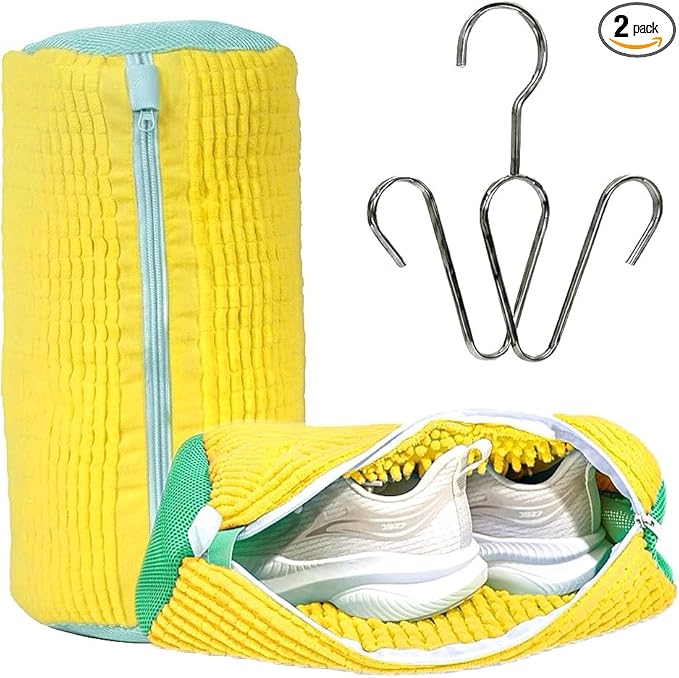 Shoe Washing Machine Bag – 2 Pack Mesh Laundry Bags for Sneakers, Tennis Shoes & Sports Trainers – Reusable Zippered Cleaning Bag to Protect Footwear, Comes with Metal Hanging Hook (Yellow)