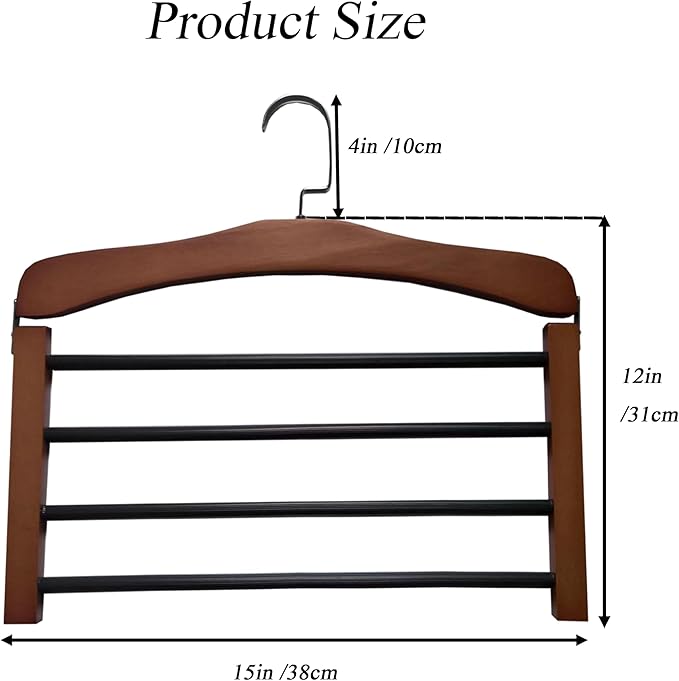 Wooden Pant Hanger Space Saving - 4 Tier Closet Storage Hanger Organizer for Jeans Legging Scarves Pants Towels, 5 Packs, Brown