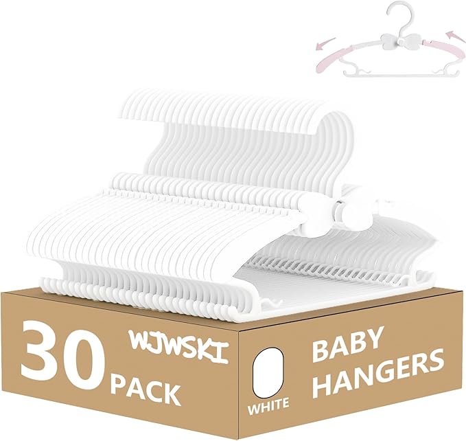 Baby Hangers 30 Pack, 11-14.5" Adjustable Kid Clothes Hangers for Newborn Closet, Plastic Non-Slip Small Infant Hanger for Toddler Pant, Child Coat Percha for Boy Nursery Clothing, Girl Dresses, White