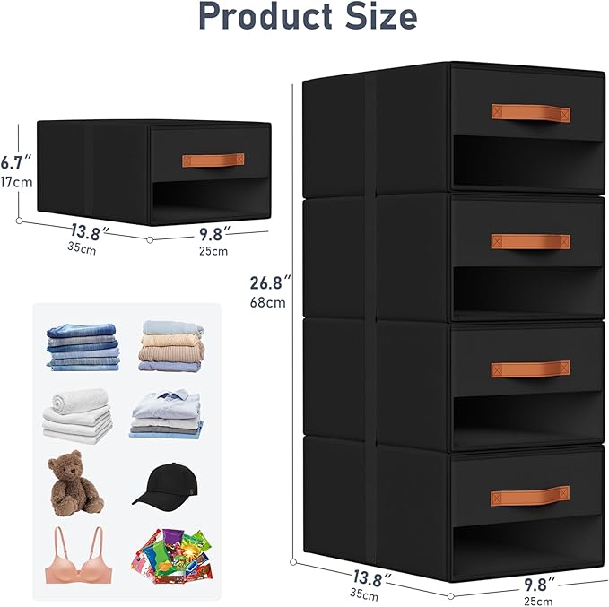DIMJ Closet Organizers and Storage - Pull-out Fabric Bins with Drawers for Closet Foldable Clothes Organizers with Clear Window, Stackable Storage Drawers for Bedroom,Living Room,Shelf,6-Pack, Black