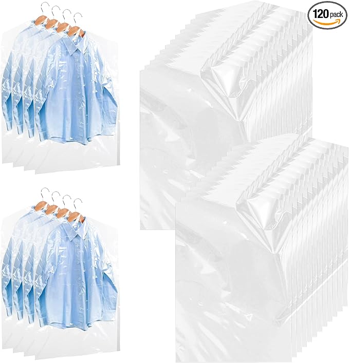 120 Pack Dry Cleaning Bag 60x90cm Plastic Clear Garment Bags for Hanging Clothes, Dry Cleaner Bags Clothing Covers Dust-Proof Clothing Protector Covers for Suits Coats Clothes Hanging and Storage