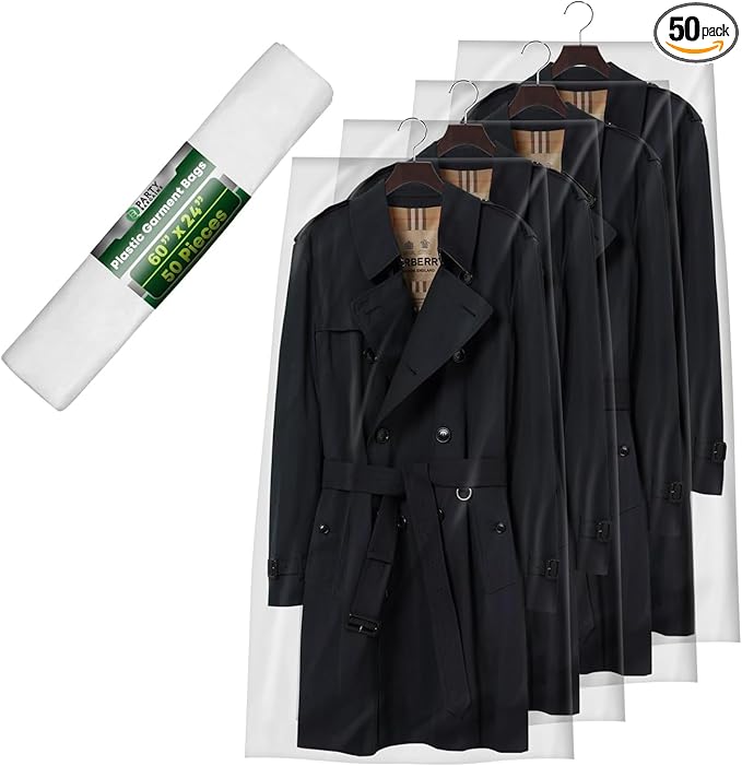 PARTY BARGAINS 60 x 24 Inch Disposable Clear Garment Bags, 50 Pack – Heavy-Duty Plastic Clothes Covers for Suits Dresses Coats, Closet & Travel