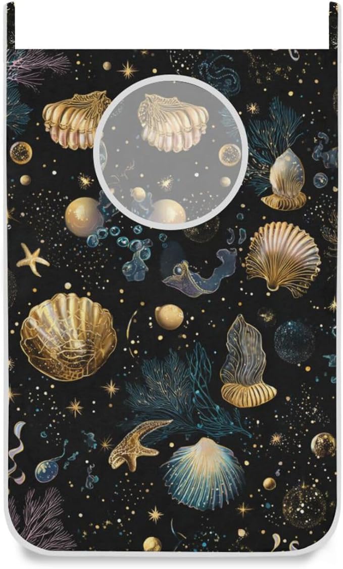 Shell Starfish Black Hanging Laundry Hamper Door Hampers Bag Basket with Stainless Steel Hooks Oxford Fabric Printing Decorative Clothes Bags 29.5X20inch 2Pack