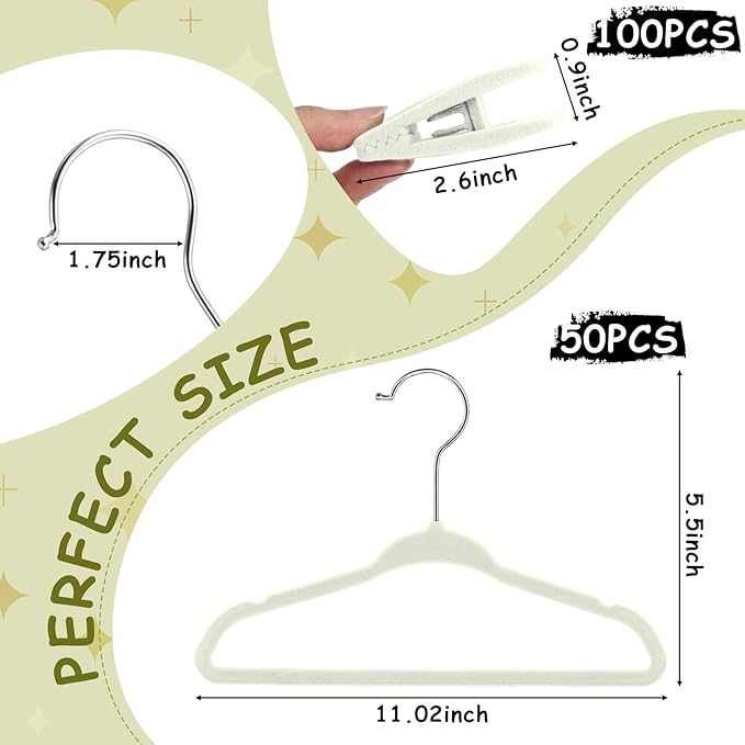 Soaoo 50 Pack Premium Baby Velvet Hangers with Adjustable 100 Clips, Non Slip 11 Inch Slim Kids Closet Organizer for Pants, Dresses & Matching Outfits, Nursery & Toddler Wardrobe (Beige)