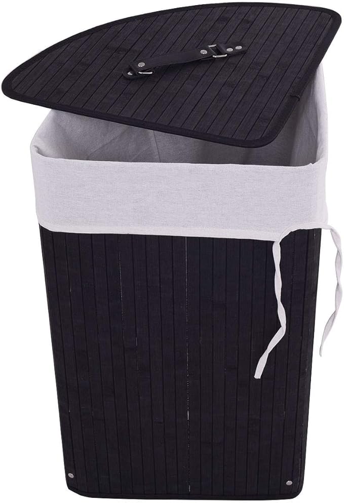 GOFLAME Corner Bamboo Laundry Hamper with Lid and Removable Liner, Washing Clothes Basket Storage Bin with Handle, Suitable for Bedroom, Bathroom, Laundry (Black)