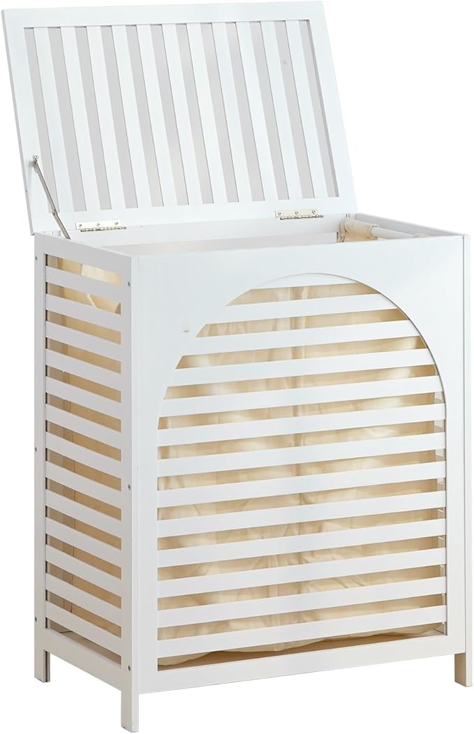 Laundry Hamper with Lid, Bamboo Clothes Laundry Basket with Handles, Removable 2-Section Liner bag, Hampers for Bedroom Aesthetic, Large Storage for Bath Towel, Sheets or Toys, Home (White)
