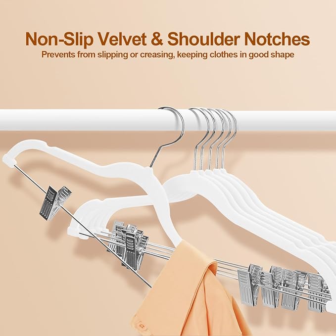 Stormix Pants Hangers, 24 Pack Vevlt Skirt Hanger with Clips, Non-Slip Coat Hangers, Heavy-Duty Clothes Hangers for Shorts, Pants, Skirts, Dresses, Jackets, Coat White