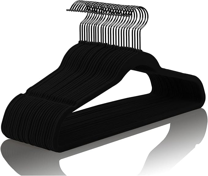 MIZGI Premium Velvet Hangers (60 Pack) Heavy Duty - Non Slip Felt Hangers- Velvet Suit Hanger Black - Black Coated Hooks,Space Saving Clothes Hangers