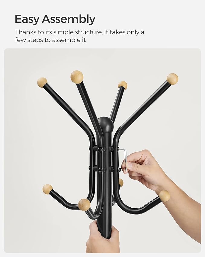SONGMICS Coat Rack Freestanding, Metal Coat Rack Stand with 12 Hooks and 4 Legs, Holds Clothes, Hats, and Bags, for Entryway, Living Room, Bedroom, Black URCR031B01