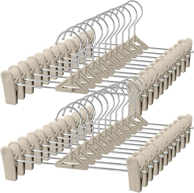 Pants Hangers with Clips 30 Pack - Space Saving Stackable Shorts Skirt Hangers with Clips - Non-Slip, Adjustable for Men, Women, Kids, Children, Baby, Beige
