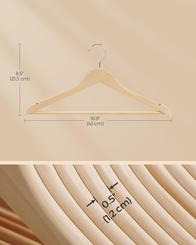 SONGMICS Wooden Hangers, Pack of 12, Coat Hangers, Non-Slip, Pants Bar, 360° Swivel Hooks, for Jackets, Shirts, Coats, Natural Wood UCRW010N12