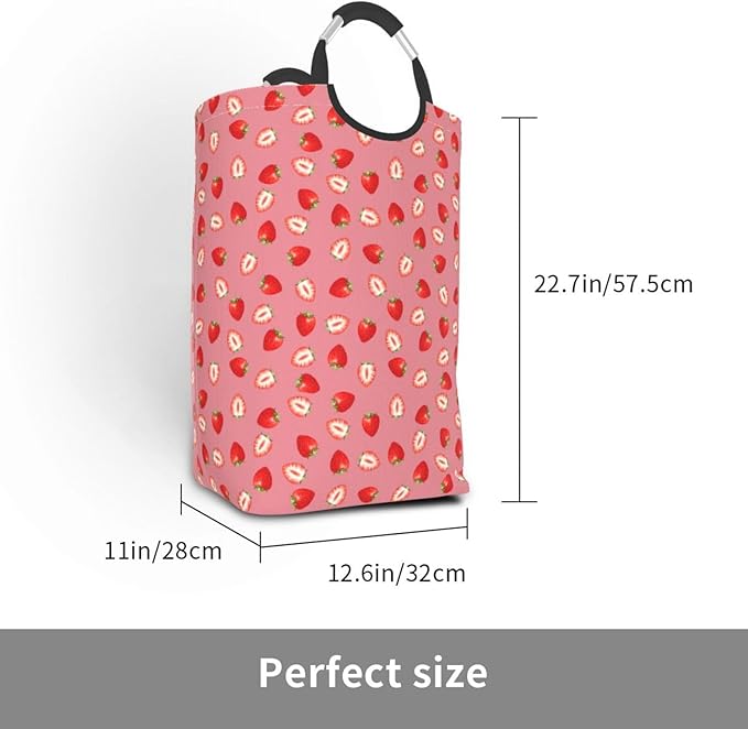 Strawberry Laundry Basket Cute Fruits Laundry Hamper Pink Strawberries Collapsible Laundry Baskets with Handle Dirty Clothes Hamper Bag for Dorm Family Bathroom Decor Storage 50L