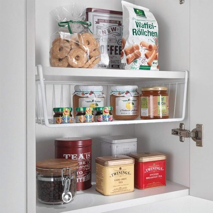 Modern Home Under Shelf Wire Storage Baskets – Hanging Organizer Rack for Cabinet, Pantry, or Closet – White Metal Basket for Kitchen, Towels, or Office – No Tools Required (Set of 2 15")