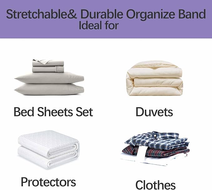 Bed Sheet Organizer Bands, Sheet Set Storage Size Marking Bands, Elastic Bedding Sheet Straps Wraps for Organizing Linen Closet（Queen 4PCs | Purple）