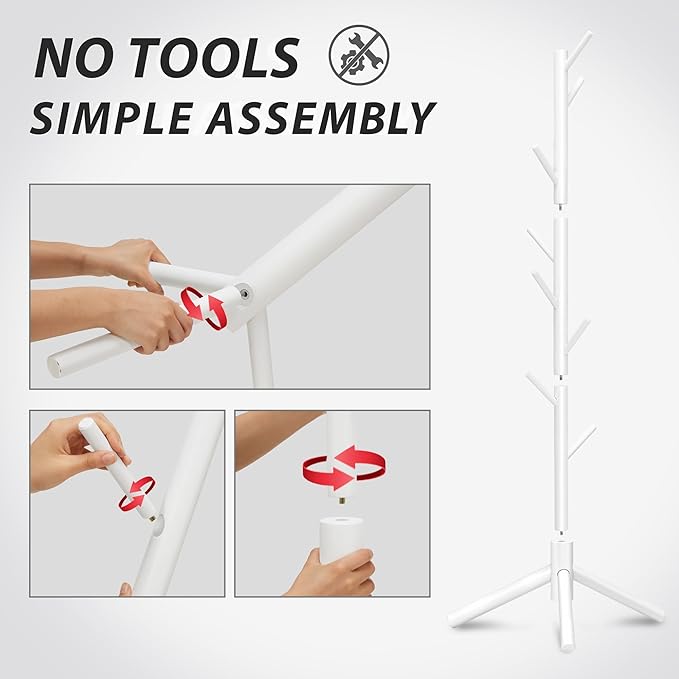 Durable Wooden Coat Rack, Freestanding Coat Rack with Stable Triangular Base, 8 Hooks & 3 Adjustable Heights, Simple Assembly for Bedroom, Hallway, Office(New White)